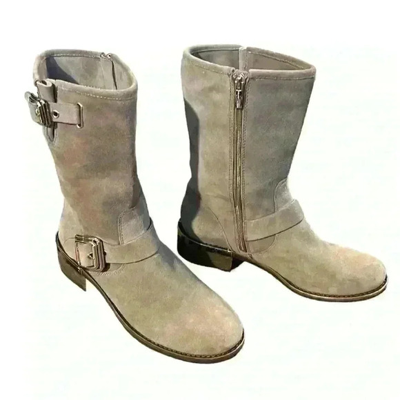 VINCE CAMUTO Windy Mid Calf Suede Moto Boot Taupe Brown Size 7.5 - Picture 1 of 7